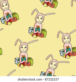 funny seamless pattern with a kid in a costume of bunny with presents in vector
