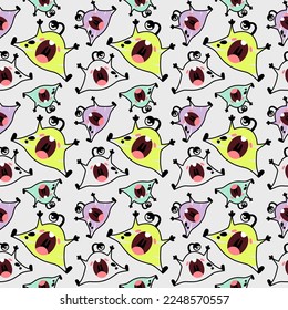 Funny seamless pattern for kids with aliens. Nursery design for baby boys. Different simple cute monsters. Minimalist print for children's clothing