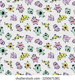 Funny seamless pattern for kids with aliens. Nursery design for baby boys. Different simple cute monsters. Minimalist print for children's clothing