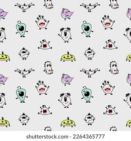 Funny seamless pattern for kids with aliens. Nursery design for baby boys. Different simple cute monsters. Minimalist print for children's clothing