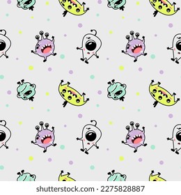 Funny seamless pattern for kids with aliens. Nursery design for baby boys. Different simple cute monsters. Minimalist print for children's clothing.