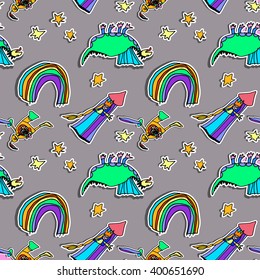 Funny seamless pattern.  Kids doodles.  Fairy tale  concept. Vector repetition background for textiles , wrapping paper or wallpapers. Isolated vector illustration.