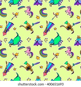 Funny seamless pattern.  Kids doodles.  Fairy tale  concept. Vector repetition background for textiles , wrapping paper or wallpapers. Isolated vector illustration.