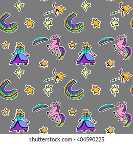 Funny seamless pattern. Kids doodles. Fairy tale concept. Vector repetition background for textiles , wrapping paper or wallpapers. Isolated vector illustration.