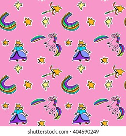 Funny seamless pattern. Kids doodles. Fairy tale concept. Vector repetition background for textiles , wrapping paper or wallpapers. Isolated vector illustration.