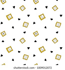 Funny seamless pattern with L, O, V, E letters in frames and cute hearts, vector illustration