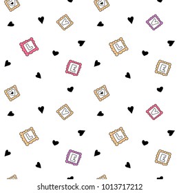 Funny seamless pattern with L, O, V, E letters in frames and cute hearts, vector illustration