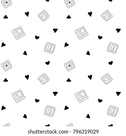 Funny seamless pattern with L, O, V, E letters in frames and cute hearts, vector illustration