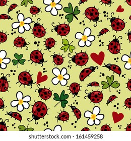 Funny seamless pattern with ladybugs & flowers