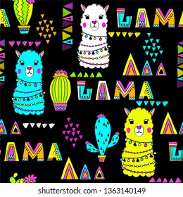 Funny seamless pattern with lama on black colors. 