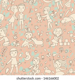 Funny seamless pattern with little children playing together. Kindergarten design. Vector school background with toys and kids. Boys and girls friendship texture.