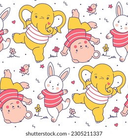 Funny seamless pattern with little cute baby animals. Isolated cartoon background. Fun doodle style vector wallpaper. Used for fabric, wrapping paper, tile baby shower background.