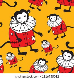Funny seamless pattern. Lovely circus monkeys in red dresses on a yellow background.