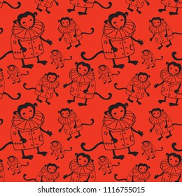 Funny seamless pattern. Lovely circus monkeys on a red background.