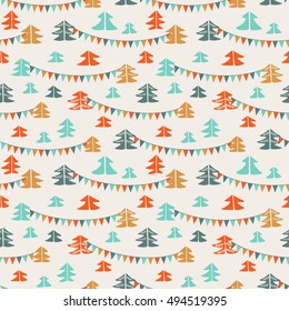 Funny seamless pattern made of trees and garlands. Ideal for cards, invitations, party, banners, kindergarten, baby shower, preschool and children room decoration. Modern design in pastel colors
