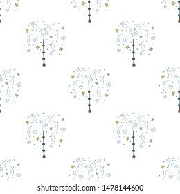 Funny seamless pattern with magic wands, confetti, curls and stars. White background. Hand drawn doodle style vector illustration.