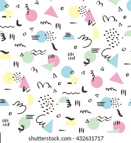 Funny seamless pattern in the Memphis style. Geometric patterns. Lines, spots and triangles.