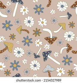 Funny seamless pattern with mushrooms and flowers. Retro style print. Vector hand drawn illustration.