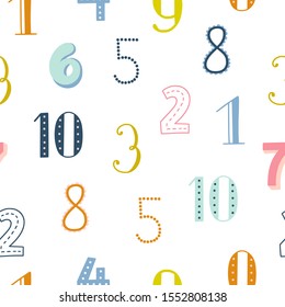 Funny seamless pattern with numbers. Vector background for children. Kids style print with figures