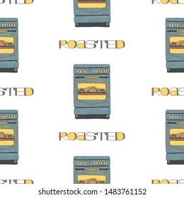 Funny seamless pattern with ovens and lettering. White background. Hand drawn doodle style vector illustration.