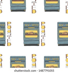 Funny seamless pattern with ovens and lettering. White background. Hand drawn doodle style vector illustration.