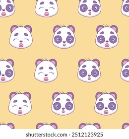 Funny seamless pattern with pandas with different emotions in kawaii style.Vector illustration