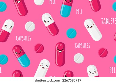 Funny Seamless Pattern, Pills with Kawaii face. Vector illustration for your Medical design.
