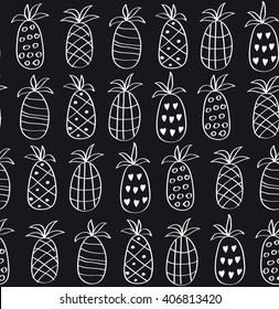 Funny seamless pattern with pineapples in black and white. Endless print texture. Fabric design. Vector wallpaper. Hand drawn repeating background.