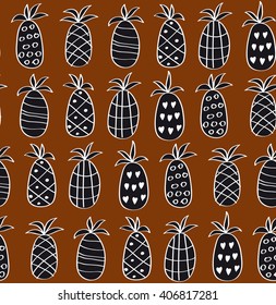 Funny seamless pattern with pineapples in safari colors. Endless print texture. Fabric design. Vector wallpaper. Hand drawn repeating background.