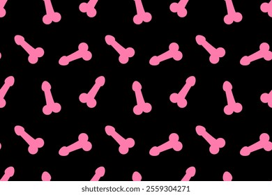 Funny seamless pattern with pink penises on black background. Vector illustration