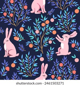 Lustiges nahtloses Muster mit rosa Kaninchen im Orange- und Granatapfelgarten. Niedliche Vektorillustration im modernen Stil in zarten Pastellfarben.