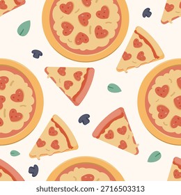 Funny seamless pattern of pizza slices with heart pepperoni. Vector flat design fast food background for Valentine's Day restaurant menus, foodie lover gifts, and savory italian themes.