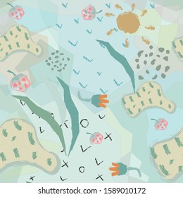 Funny Seamless Pattern with plants, sun and fields. Creative Design. Vector Illustration.