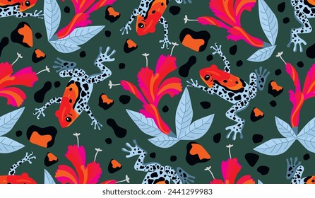 Funny seamless pattern with poison frog and exotic flower.Tropical floral background with wild animal, plant and abstract shapes.Colorful vector design for printing on fabric and paper,cover,wallpaper