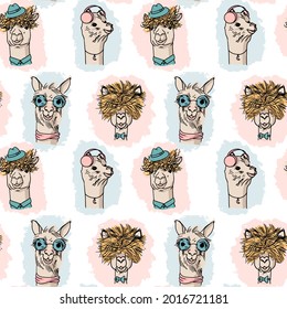 Funny seamless pattern with portraits of lama. Children's print for fabric, T-shirt, poster, postcard, baby shower. Vector Illustration