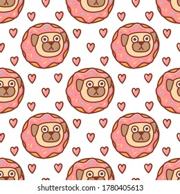 Funny seamless pattern with pug dog in the donut with pink icing, on a white background. It can be used for packaging, wrapping paper, textile, home decor etc. Vector image