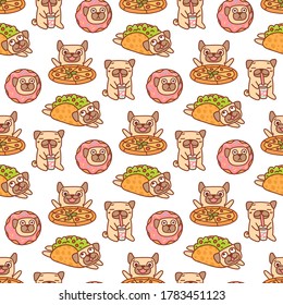 Funny seamless pattern with pug dogs and fast food: pizza, tacos, donut and drink, on a white background. It can be used for packaging, wrapping paper, textile, home decor, menu etc. 