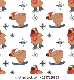 Funny seamless pattern with pugs on figure skates and snowboard. Vector illustration