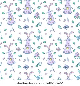 Funny seamless pattern with rabbits for kids Easter cute bunny, abstraсt flowers. Perfect for fabrics print, background, wallpaper. Vector element for your design.