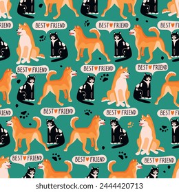 Funny seamless  pattern with red Akita Inu dog and black white cat.Cute animals background with handwritten Best Friend and paw print.Vector design for printing on fabric and paper,banner template.