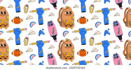  Funny seamless pattern with retro cartoon characters. On Back to school and education thematic. Contemporary vector illustration.