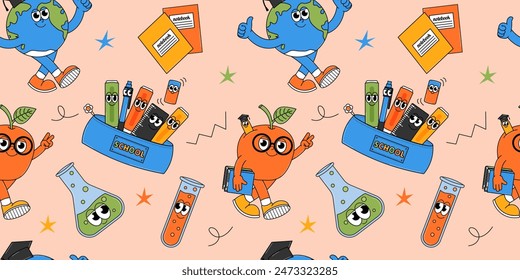 Funny seamless pattern with retro groovy characters. Back to school and education concept. Contemporary vector illustration.