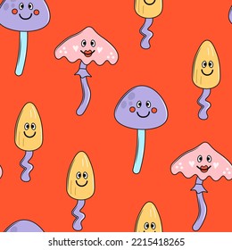 Funny seamless pattern with retro mushrooms. Cartoon retro characters, mushrooms with eyes seamless background. Colorful childish repeat vector illustration
