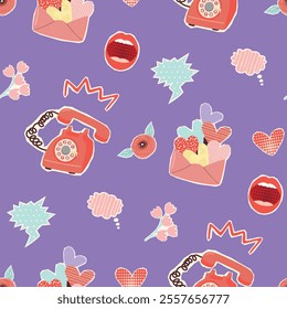 Funny seamless pattern with retro rotary phone and hearts.Colorful background with envelope, open mouth, speech bubbles, flowers.Vector design for textile,wrapping paper.Flat cartoon illustration.