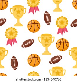 Funny seamless pattern with school Basketball, cup and ball for rugby. Back to school background.