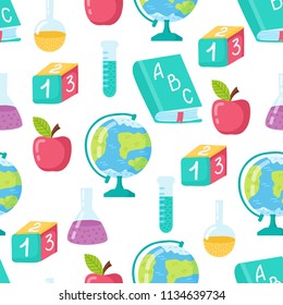 Funny seamless pattern with school globe, apple, book and bulb. Back to school background.