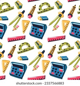 Funny seamless pattern with school math supplies. We're going back to school. Calculator, compass, sharpener, pencil, ruler and other accessories on white. School packaging, science math