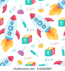 Funny seamless pattern with school supplies and creative elements. Back to school background.