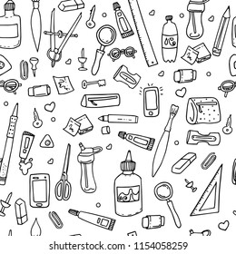 Funny seamless pattern with school supplies and creative elements. Back to school background.