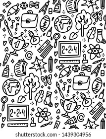 Funny seamless pattern with school supplies and creative elements. Back to school background for education, science objects and office supplies. White vector background with black line icons